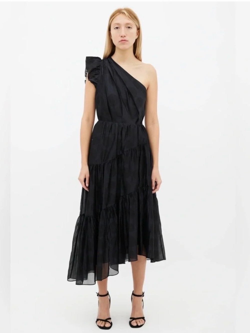 Ulla Johnson Ariane One Shoulder Tiered Polka Dot Midi Dress